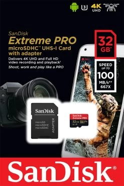 SanDisk 32GB Extreme Pro Micro SD Card W/ Adapter 100 Mb/Sec Read