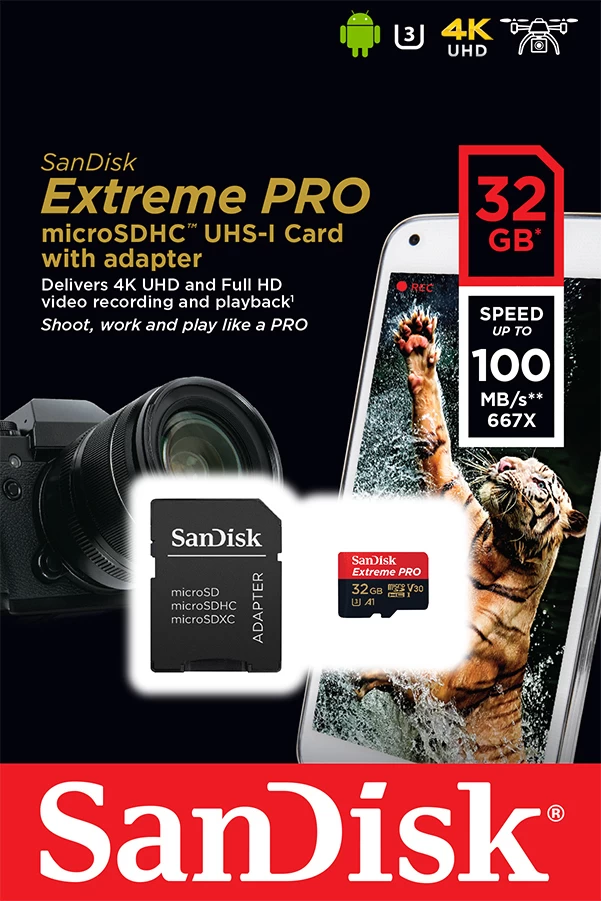 SanDisk 32GB Extreme Pro Micro SD Card W/ Adapter 100 Mb/Sec Read 3 SanDisk 32GB Extreme Pro Micro SD Card W/ Adapter 100 Mb/Sec Read